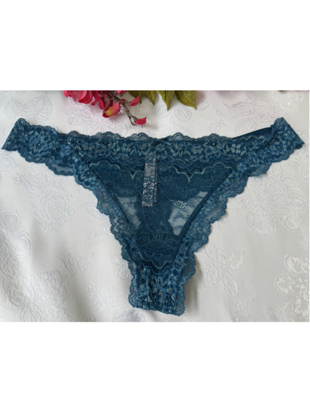 VICTORIA'S SECRET L DREAM ANGELS TEAL BLUE GOLD SHIMMER LACE THONG PANTIES NWT